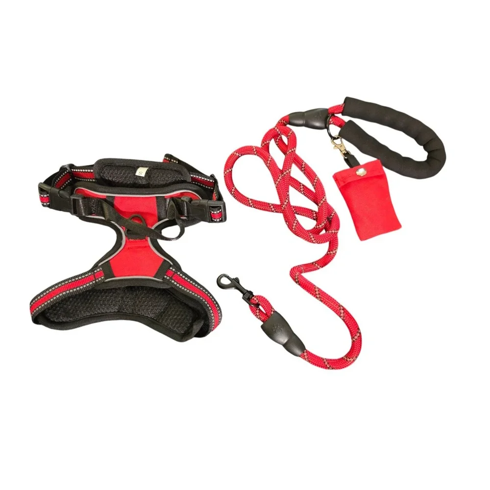 Red Reflective Dog Harness and Rope‎ Leash Set with Waste Bag Holder Size S